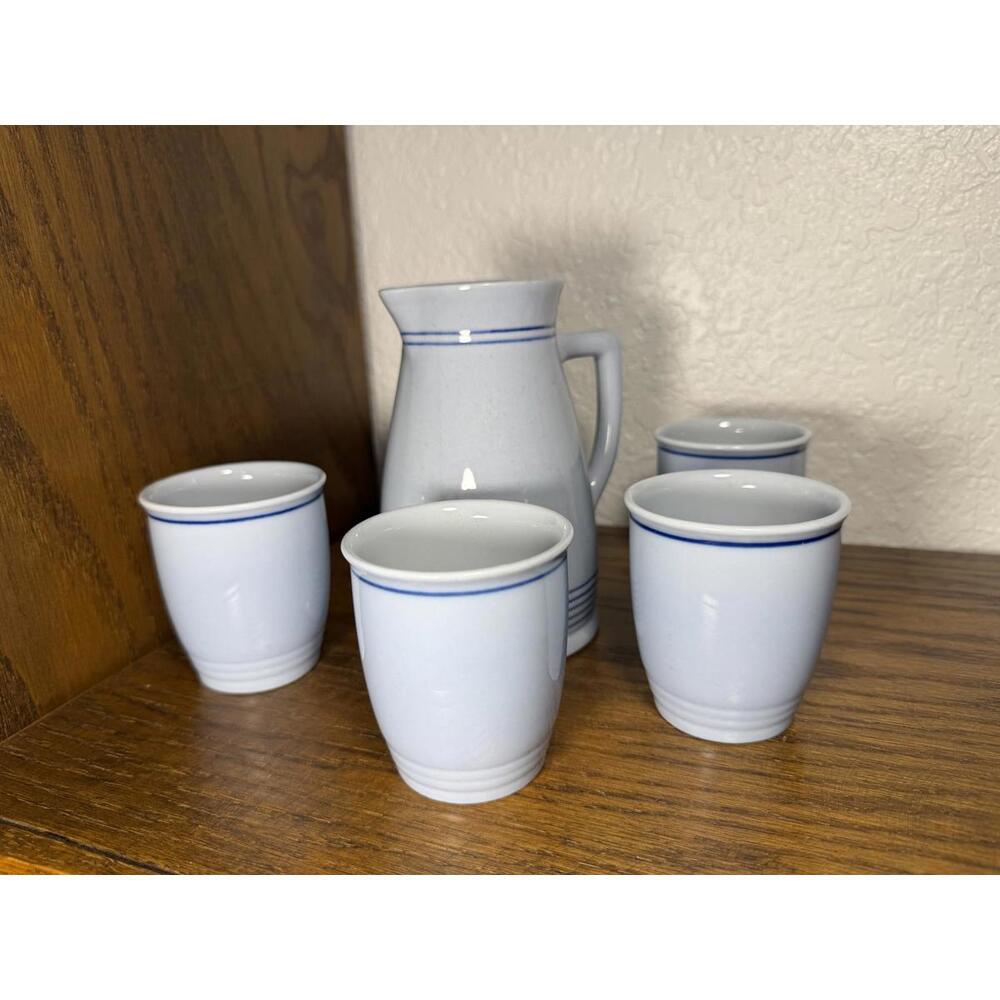 Vtg Lilien Porzellan Austria Blue & White Ceramic Pitcher and Cup Set (5-Piece)